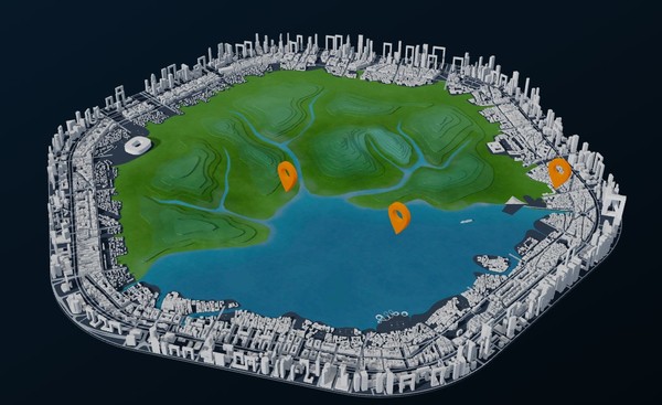 *도시 중심부에 자연 녹지가 있고, 외곽에 건물이 들어선 미래 스마트시티. 조망권을 위해 도시 내부에 저층 건물을, 외곽으로 고층 건물을 각각 배치했다. 도시간 교통은 PBV와 UAM으로 이용된다.