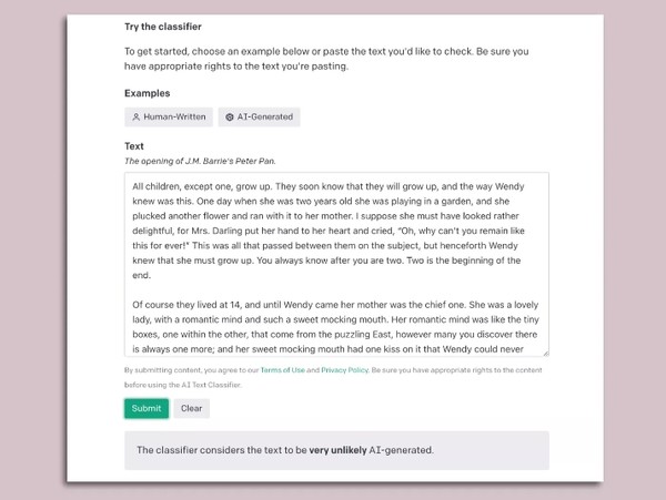 텍스트를 기계가 썼는지 여부를 확인했다는 걸 보여주는 스크린샷. 출처=오픈AI