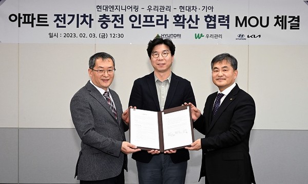 현대엔지니어링, 우리관리, 현대차·기아 3개사가 아파트 전기차 충전 인프라 확산를 위해 힘을 합쳤다.