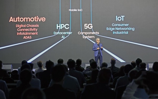  * 최시영 파운드리사업부장(사장)이 지난해 10월 3일(현지시간) 미국 실리콘밸리에서 열린 ‘삼성 파운드리 포럼 2022’에서 발표하고 있다. 