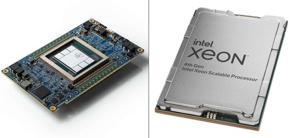 인텔 가우디2 가속기(왼쪽)와 인텔 제온 프로세서