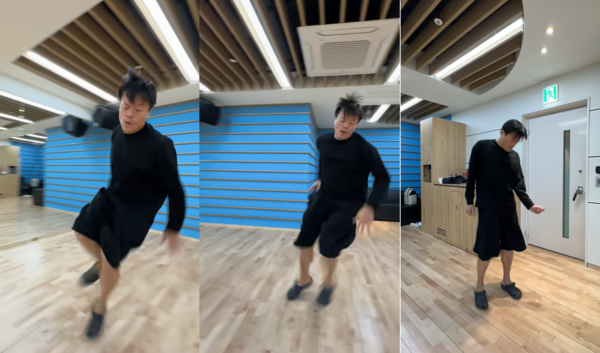 공중부양하는 모습 같다고 이유로 이령 초전도체춤으로 일컬어지는 슬릭백(Slick Back)에 도전한 박진영 JYP엔터테인먼트 CCO. 박진영 유튜브 캡처