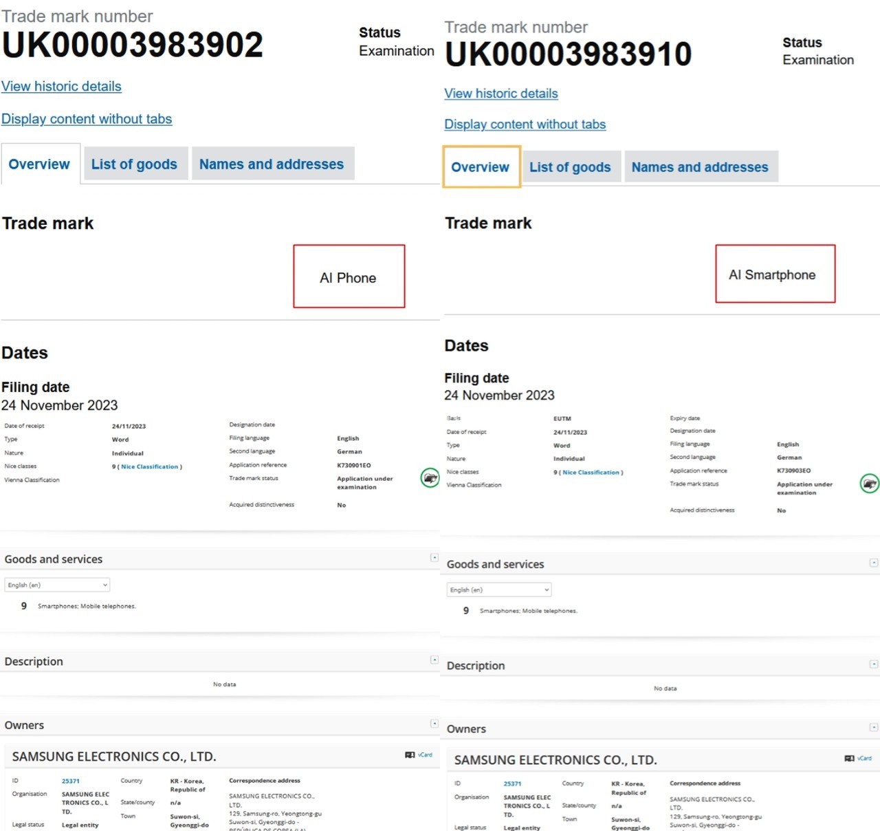 삼성전자가 'AI폰'과 'AI스마트폰'을 상표권 출원했다.