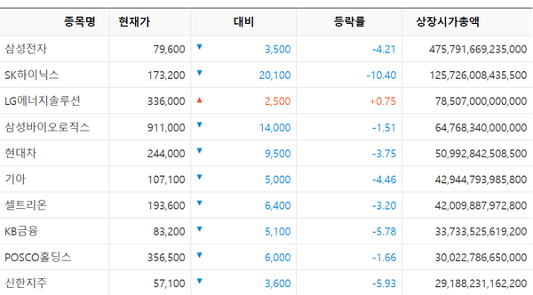 코스피 시가총액 10위 종목 [출처: KRX 정보데이터시스템]