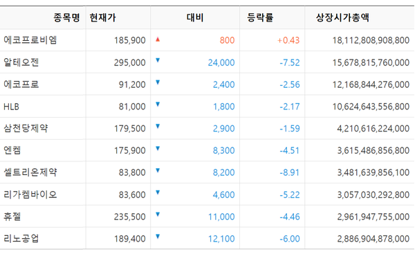 코스닥 시가총액 10위 종목 [출처: KRX 정보데이터시스템]