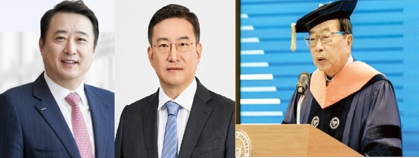  *김남구 한국투자금융지주 회장(맨왼쪽)과 김남정 동원그룹 회장. 오른쪽 사진은 창업주 김재철 명예회장. 아흔을 1년 앞둔 김 명예회장은 지난해 9월 한양대에서 명예공학박사 학위를 받았다.