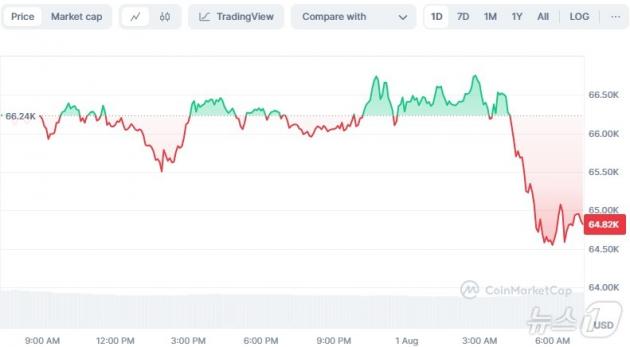 비트코인 일일 가격 추이. 새벽 4시를 전후로 급락하고 있다.  - 코인마켓캡 갈무리