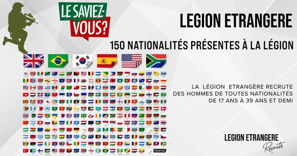 외인부대 모집 이미지. 현재 150개 국적으로 구성돼 있음을 알리고 있다. 태극기가 맨 윗줄에 유니온잭(영국), 아 아우리베르지(브라질), 성조기(미국) 등과 함께 있는 것이 눈길을 끈다.