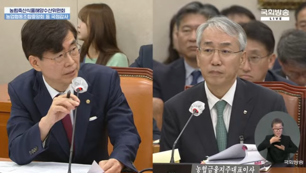 질의하는 조경태 국민의힘 의원(왼쪽)과 이석준 농협금융지주 회장 [출처: 국회방송 유튜브 갈무리]