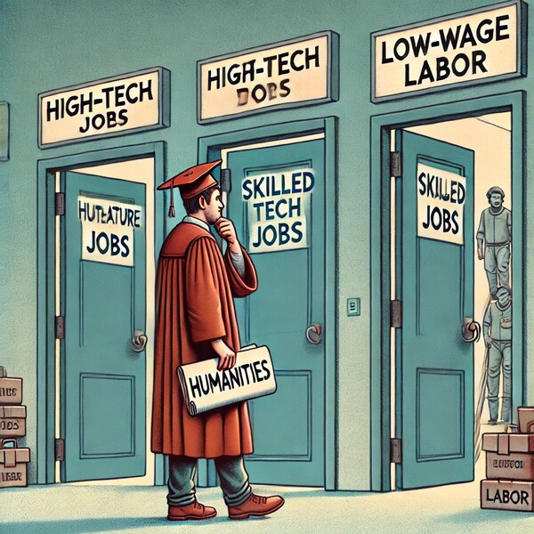 * 시니어 채용시장에서도 문.사.철의 홀대 현상이 나타나고 있다. 상대적으로 저임금의 단순 노동직에 재취업시장이 제한받고 있다. 그림=DALL·E