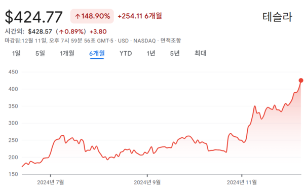 테슬라 6개월 주가 추이 [출처: 구글]