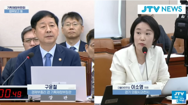 19일 국회 기획재정위원회 업무보고 자리에서 이소영 의원이 구윤철 경제부총리에게 질의하고 있다.