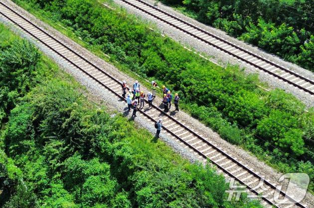 19일 오전 10시 52분쯤 경북 청도군 화양읍 삼신리 청도소싸움 경기장 인근 경부선 철로에서 마산으로 향하던 무궁화 열차가 선로에서 작업하던 근로자 7명을 치는 사고가 발생했다. 경찰과 소방, 코레일 등 관계자들이 사고 현장을 조사하고 있다. 2025.8.19/뉴스1 ⓒ News1 공정식 기자