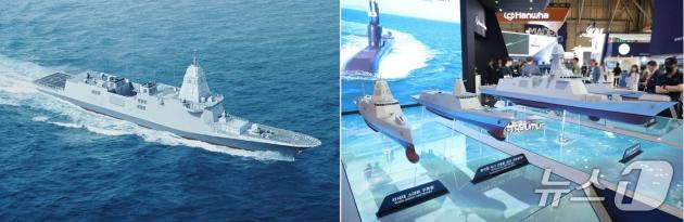 HD현대중공업의 한국형 차기 구축함(KDDX)의 조감도(왼쪽)과 한화오션의 KDDX 함정 모형(양사 제공)