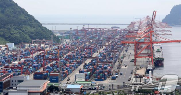 부산항 신선대부두 야적장에 컨테이너가 가득 쌓여 있는 모습. 2025.8.11/뉴스1 ⓒ News1 윤일지 기자