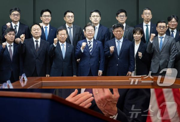 이재명 대통령이 지난 4월 21일 더불어민주당 대선 경선 후보 시절 자본시장 활성화를 위한 정책간담회에 참석해 증권사 리서치센터장 등을 만난 모습. 2025.4.21/뉴스1