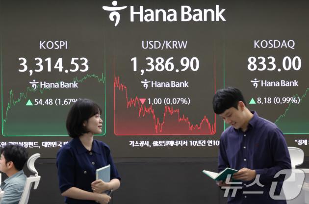 10일 오후 서울 중구 하나은행 딜링룸 전광판에 코스피 종가가 역대 장 마감 기준 최고치인 3,314.53으로 표시되고 있다. 2025.9.10/뉴스1 ⓒ News1 장수영 기자