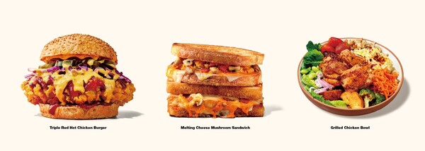 (왼쪽부터) 트리플레드핫치킨버거, 멜팅치즈머쉬룸샌드위치, 그릴드치킨보울